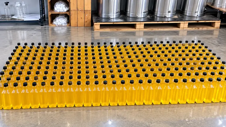 Rows of filled LivOil oil bottles on the factory floor