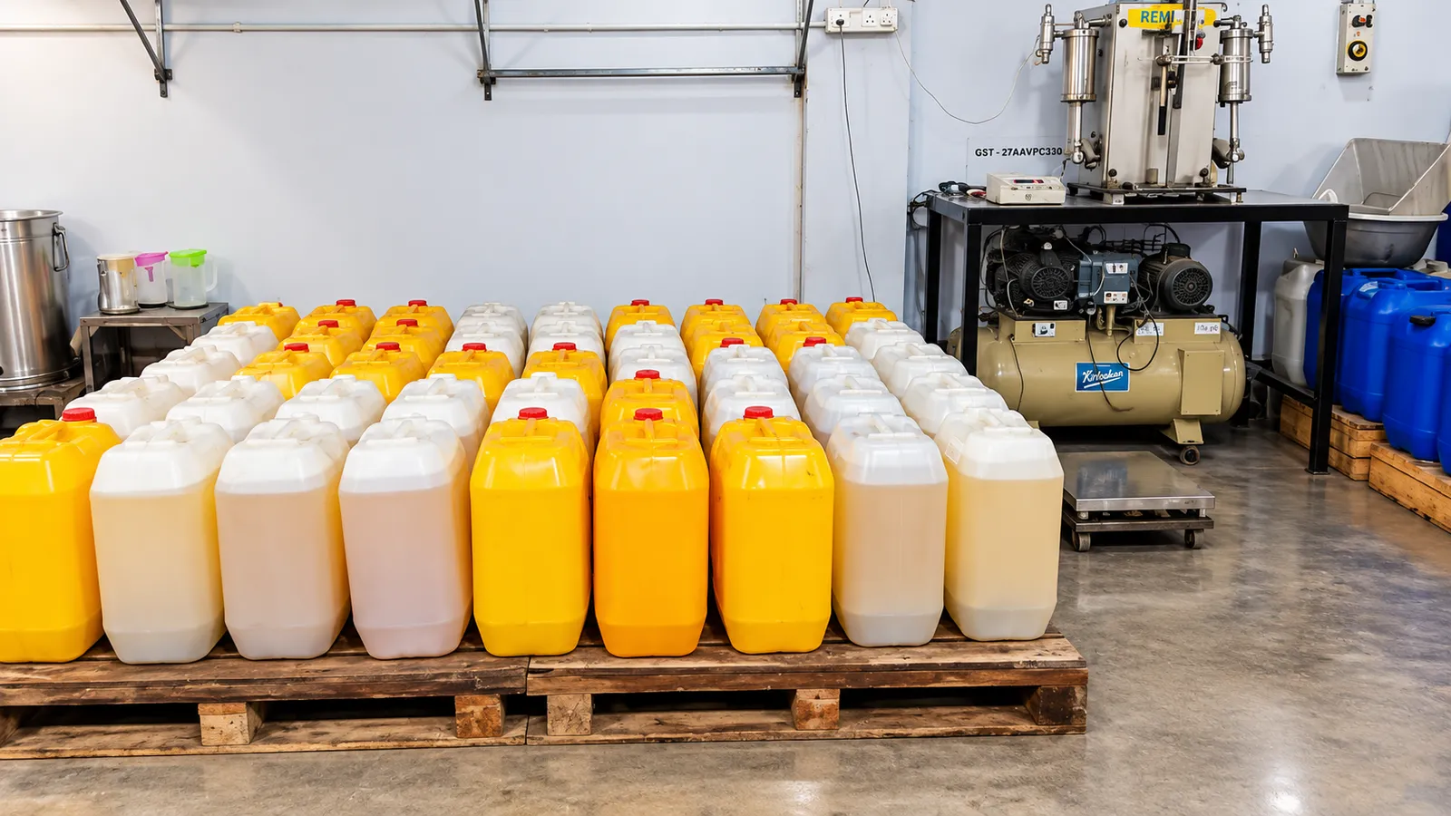 Cans of freshly pressed oil on a pallet