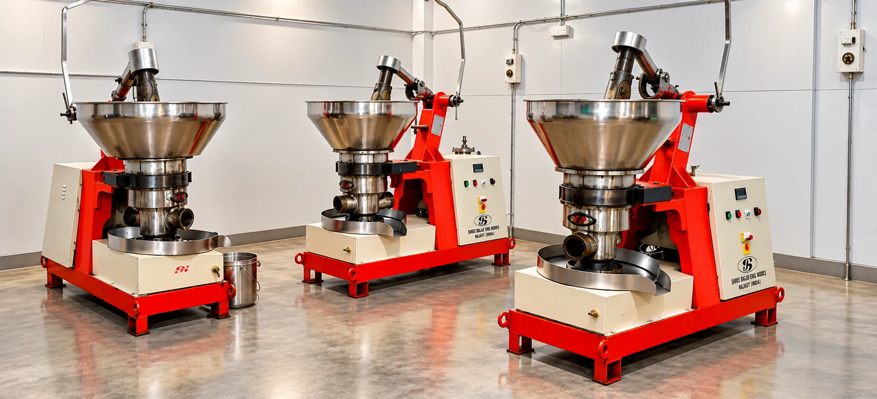 Three oil presses on the factory floor