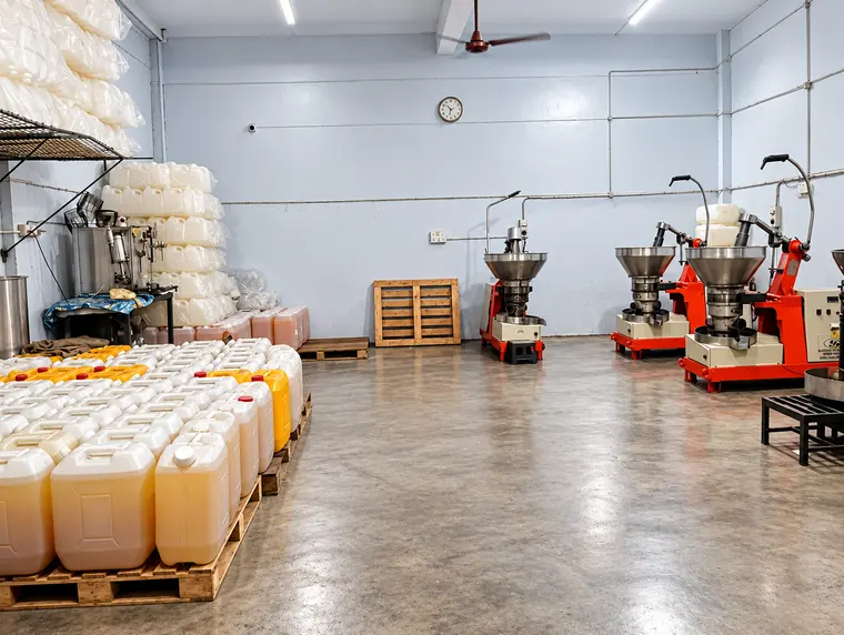 The pressing room with presses and oil cans on pallets
