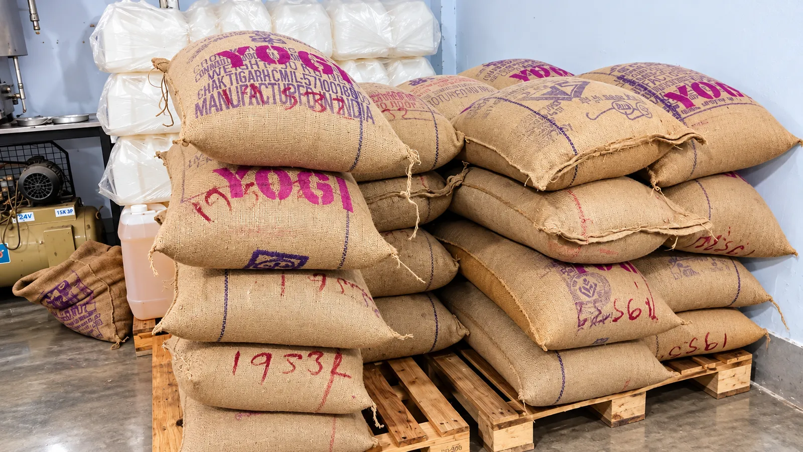Sacks of seed stacked on a pallet at the LivOil factory